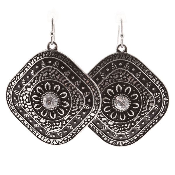 Wholesale inch silver earrings textured floral fauna inset crystal bead