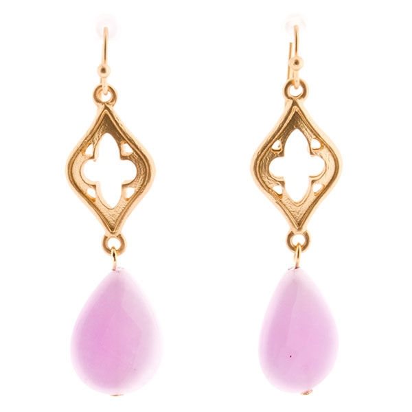 Wholesale gold dangling earrings teardrop soft pink stones