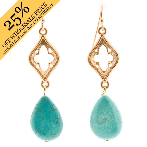 Wholesale gold dangling earrings teardrop aqua stones