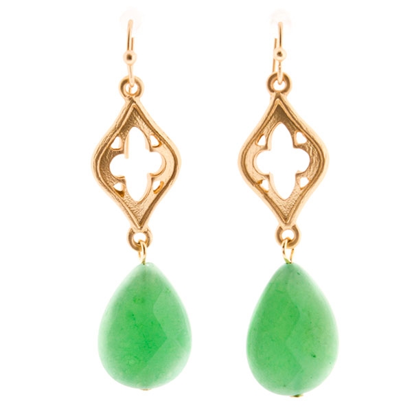 Wholesale gold dangling earrings teardrop lime green stones