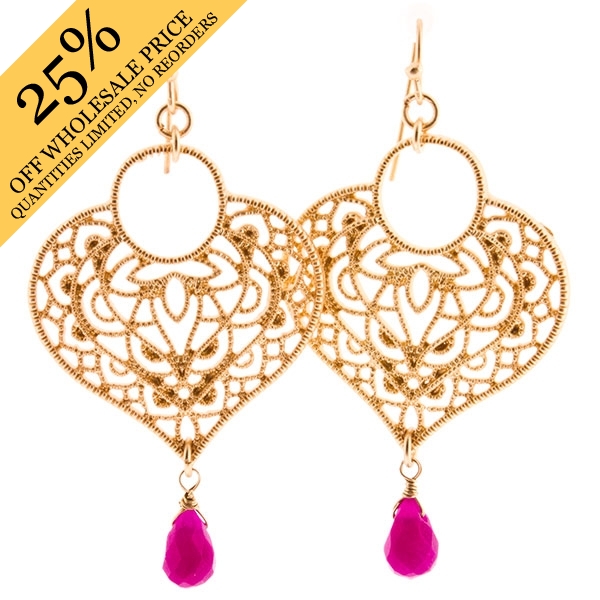 Wholesale gold dangling earrings filigree heart hot pink drop natural stone appr