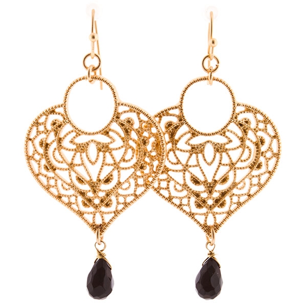 Wholesale gold dangling earrings filigree heart drop natural stone approx