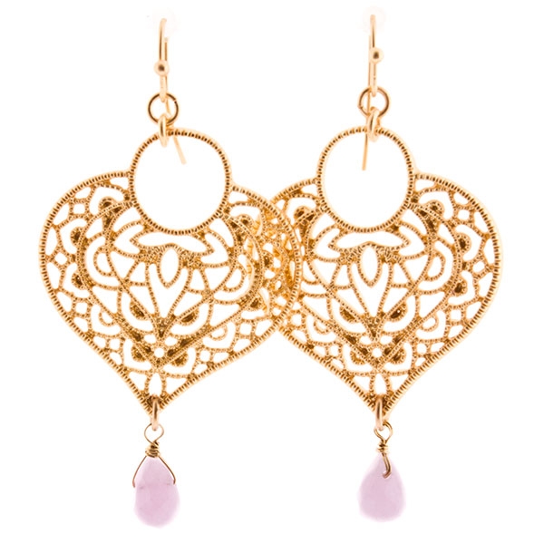 Wholesale gold dangling earrings filigree heart pink drop natural stone approx