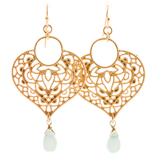 Wholesale gold dangling earrings filigree heart mint green drop natural stone ap