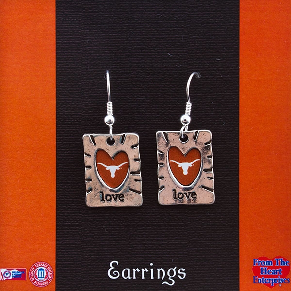 Wholesale polished silver rectangle Earrings heart cut out love inscribed below