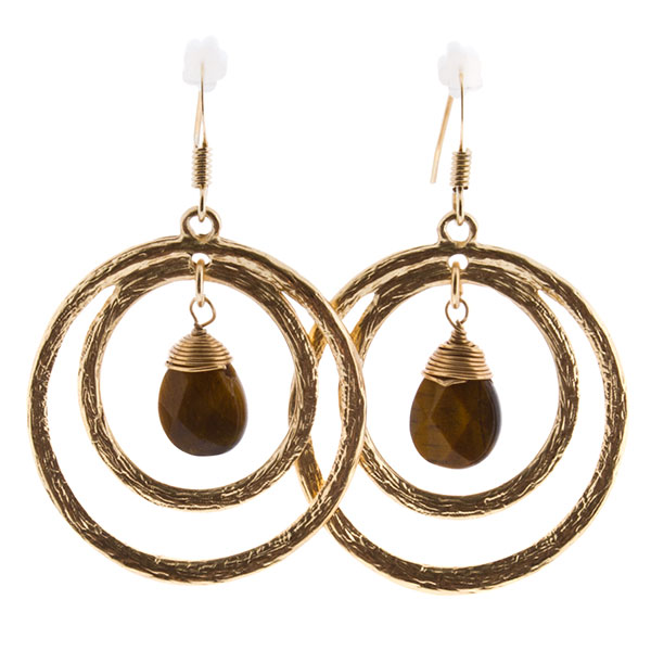 Wholesale gold double hoop earrings center drop chocolate stone