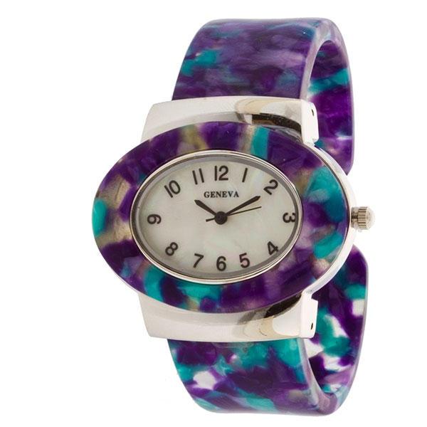 Wholesale cuff bangle lucite band watch faux marble finish tones purple blue