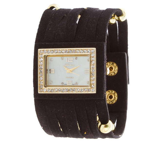 Wholesale black leather band snap watch gold beads gold rectangle abalone row CZ