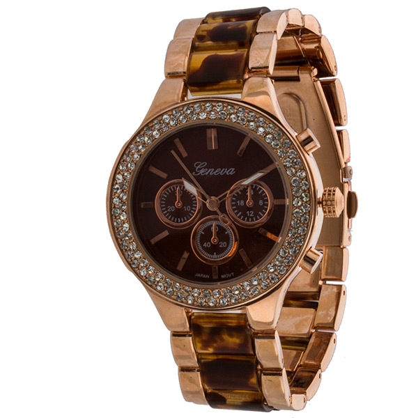 Wholesale rose Gold metal band watch tortoise shell inch double row rhinestone d
