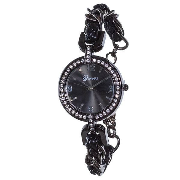 Wholesale hematite toned chain black leather band watch crystal rhinestones surr