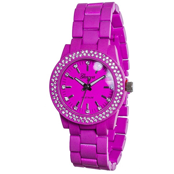 Wholesale hot pink purple aluminum finish stone metal band watch rhinestone insi