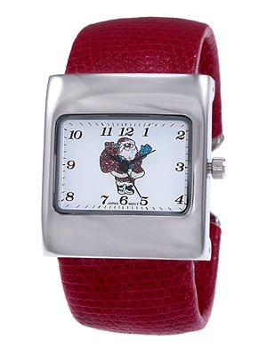 Wholesale red faux leather band cuff watch inch silver toned square Santa center