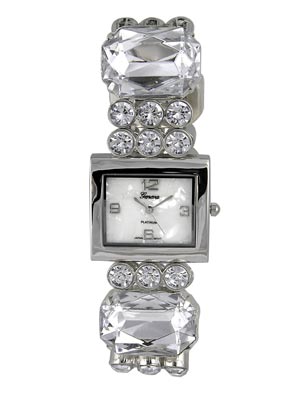 Wholesale polished Silver Clear Rhinestones Stretch Band Watch White Dial Polish