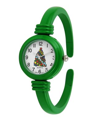 Wholesale christmas Cuff Bangle Watch Green Color Christmas Tree Center Dial Sil