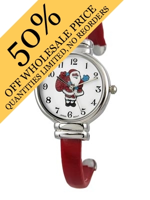 Wholesale red Cuff Bangle Watch w Glitter Santa White Dial Black Numbers Polishe