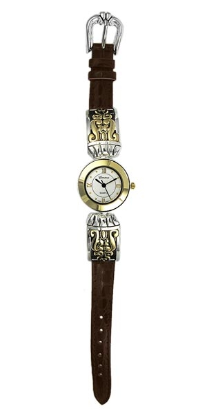 Wholesale polished Gold Silver Brown Leather Band Watch Matt Silver Dial Polishe