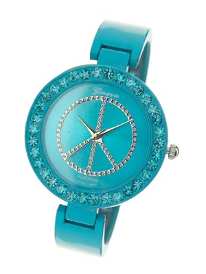 Wholesale peace Sign Fashion Watch Metal Cuff Bangle Band has Spring Hinges Aqua