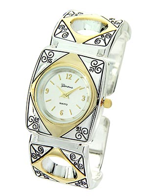 Wholesale etched Designs Polished Silver Cuff Bangle Watch Gold Accents Dial Bru