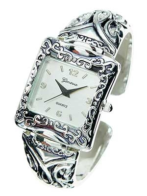 Wholesale filigree Polished Silver Cuff Bangle Watch Brushed Silver Dial Polishe