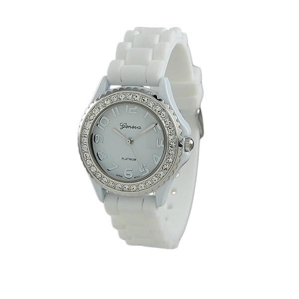 Wholesale silicone stone rubber watch band crystal rhinestones surrounding white