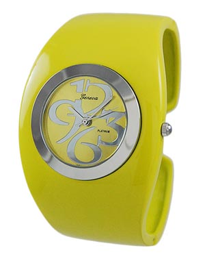 Wholesale yellow Cuff Bangle Metal Band Watch Yellow Dial Silver Numerals Hands