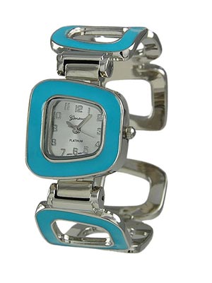 Wholesale polished Silver Cuff Bangle Watch Aqua Acrylic Overlays Dial Brushed S