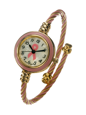 Wholesale pink Ribbon Awareness Cuff Bracelet Twist Wire Pink Polished Gold Meta
