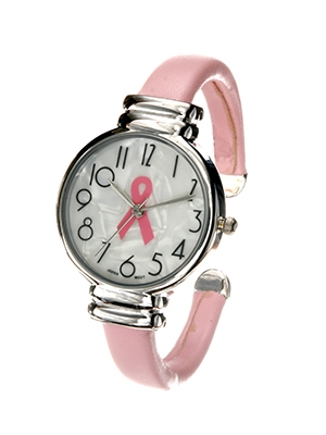 Wholesale pink Ribbon Awareness Cuff Bangle Watch Pink Leather like Band Metal P