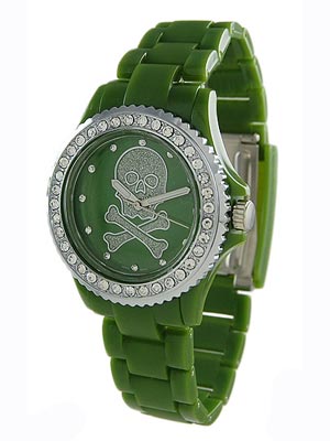 Wholesale olive Green Acrylic Band Watch Skull Crossbones Dial CZs Locking Clasp