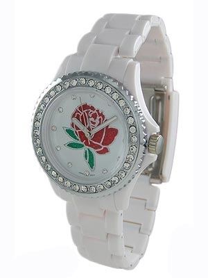 Wholesale white Acrylic Link Band Watch Round Rose Dial Numerous CZs Locking Cla