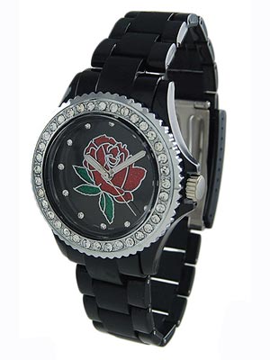 Wholesale black Acrylic Band Watch Rose Dial CZs Locking Clasp Stainless Steel B