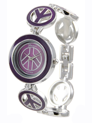 Wholesale polished Silver Purple Trim Metal Band Watch Peace Symbols Clasp Conne