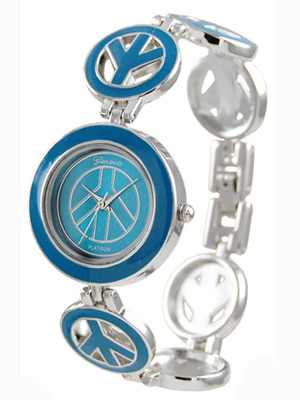 Wholesale polished Silver Aqua Trim Metal Band Watch Peace Symbols Clasp Connect