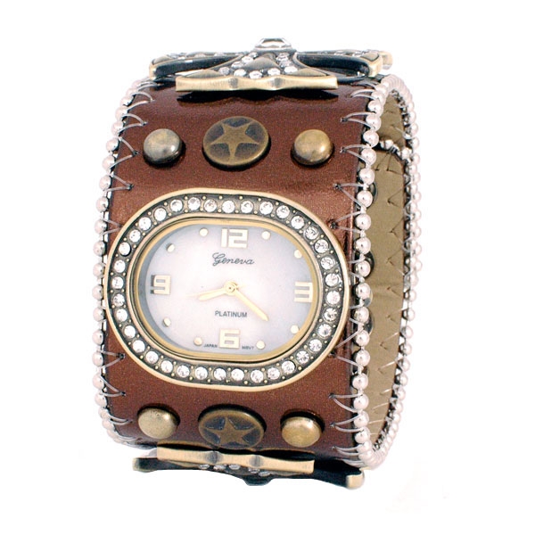 Wholesale bold copper leather band watch star medallions copper studding oval wa