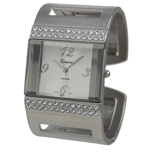 Wholesale cuff band brushed silver watch weave square watch small crystal rhines
