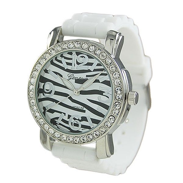 Wholesale silicone stone rubber watch band crystal rhinestones surrounding zebra