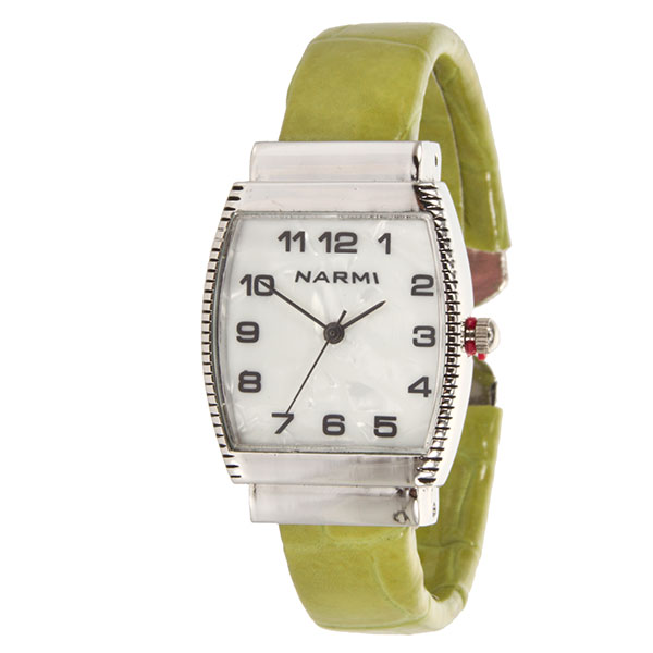 Wholesale silver hinged band watch faux chartreuse leather covering mother pearl