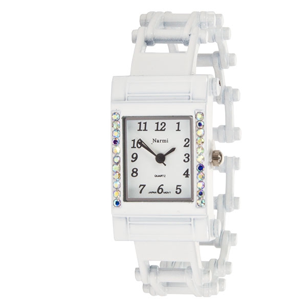 Wholesale white hard lucite watch hinged band rectangular edged rhinetone
