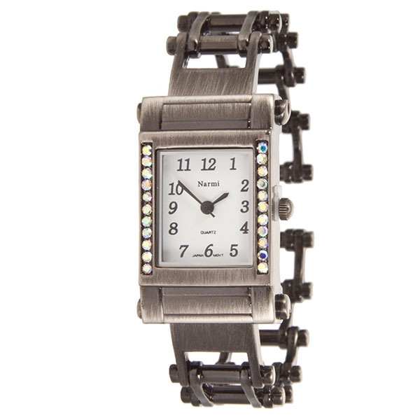 Wholesale pewter hinged band watch rectangular edged crystal rhinestones