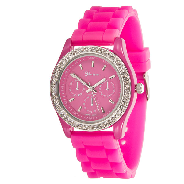 Wholesale hOT PINK LARGER Silicone stone rubber watch band crystal rhinestones s