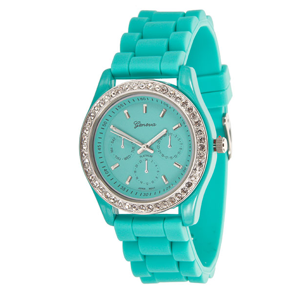 Wholesale sEA GREEN LARGER Silicone stone rubber watch band crystal rhinestones