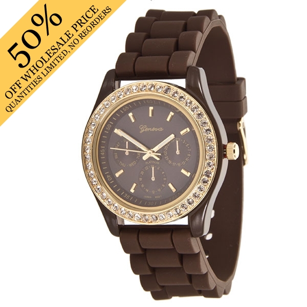Wholesale cHOCOLATE gold detail LARGER Silicone stone rubber watch band crystal
