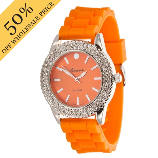 Wholesale oRANGE SHERBET LARGER Silicone stone rubber watch band crystal rhinest