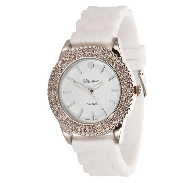 Wholesale wHITE LARGER Silicone stone rubber watch band crystal rhinestones surr