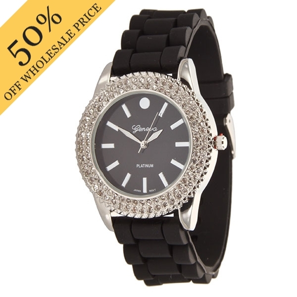 Wholesale bLACK LARGER Silicone stone rubber watch band crystal rhinestones surr