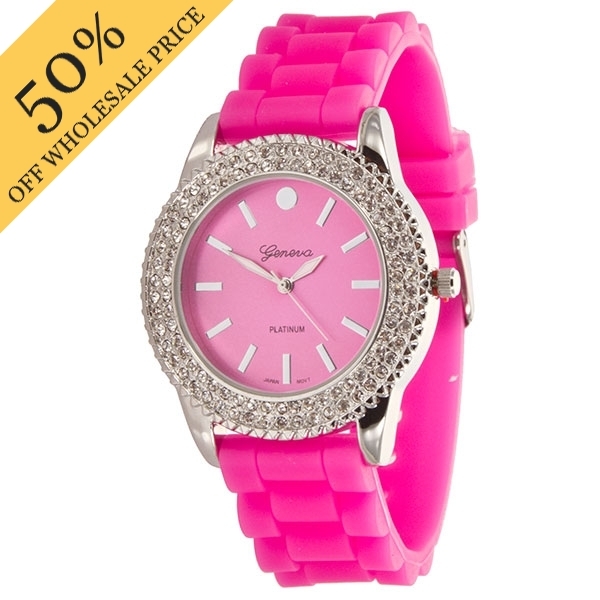 Wholesale pINK DAHLIA LARGER Silicone stone rubber watch band crystal rhinestone