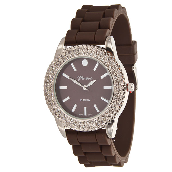 Wholesale cHOCOLATE LARGER Silicone stone rubber watch band crystal rhinestones