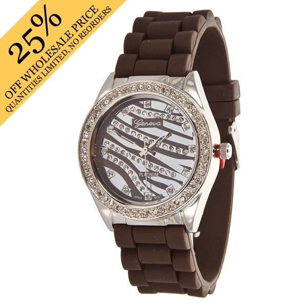 Wholesale bROWN zebra print Large Silicone stone rubber watch band crystal rhine