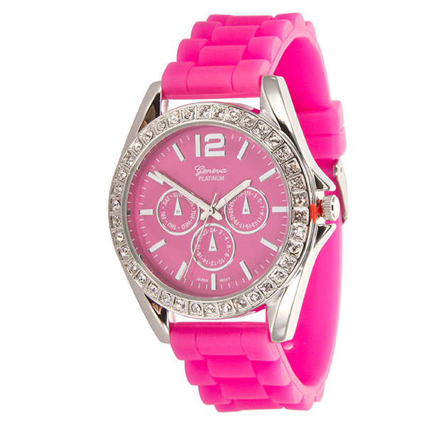 Wholesale hOT PINK LARGER Silicone stone rubber watch band crystal rhinestones s