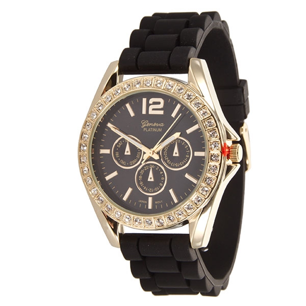 Wholesale bLACK gold detail LARGER Silicone stone rubber watch band crystal rhin